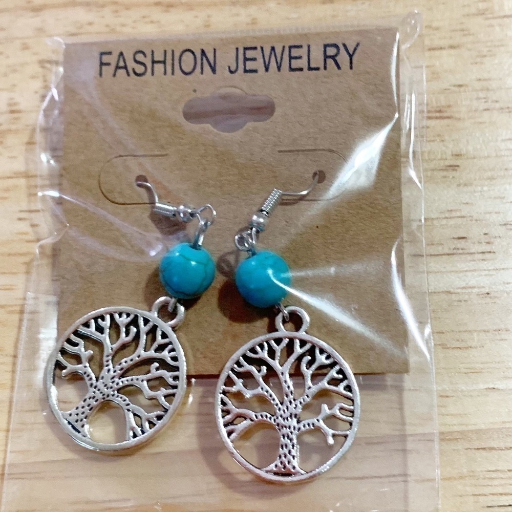 Brand New! Silver Tree of Life Semiprecious Turquoise Stone Earrings. NWT